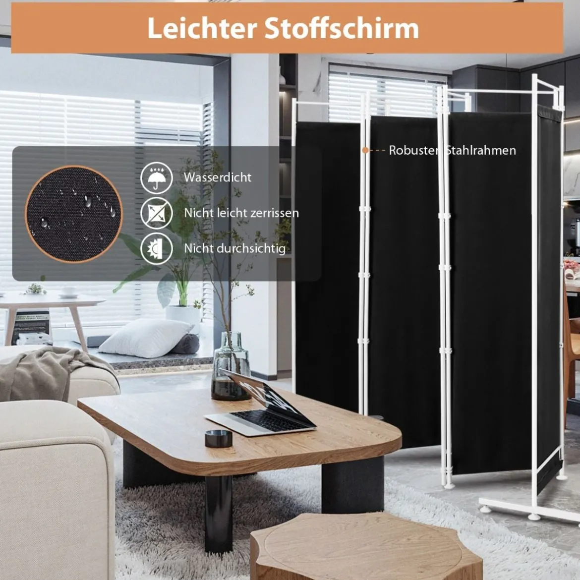 6-teiliger Raumteiler mit Langlebigen Scharnieren & Stahlstützbasis 300x180 cm Schwarz