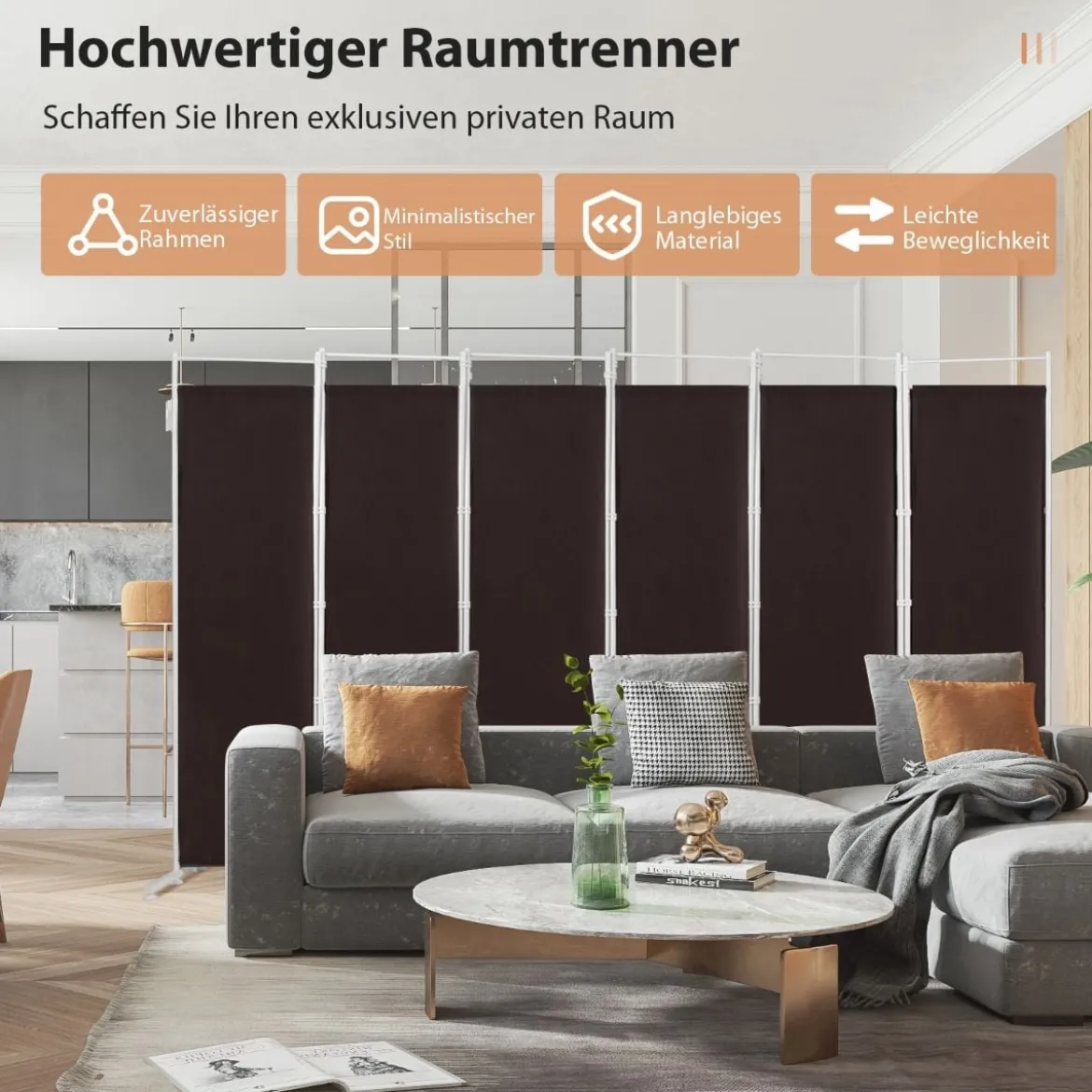 6-teiliger Raumteiler mit Langlebigen Scharnieren & Stahlstützbasis 300x180 cm Weiß