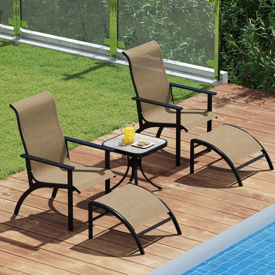 5-teiliges Balkonmöbel Set Gartenmöbel Balkonset inkl. 2 Stühle mit Hocker & Tisch Sitzgruppe für Garten