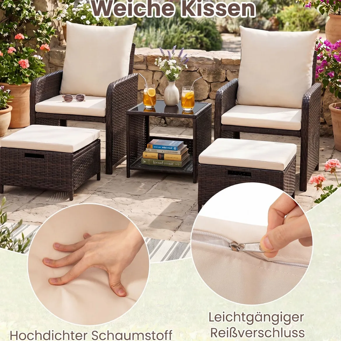 5-teiliges Balkonmöbel Set Gartenmöbel aus PE-Polyrattan Sitzgruppe für Garten