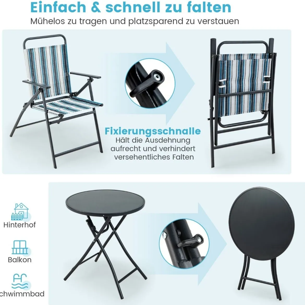 3-teiliges Balkonset Bistrotisch mit 2 Klappstühle Sitzgarnitur mit Robustem Metallgestell