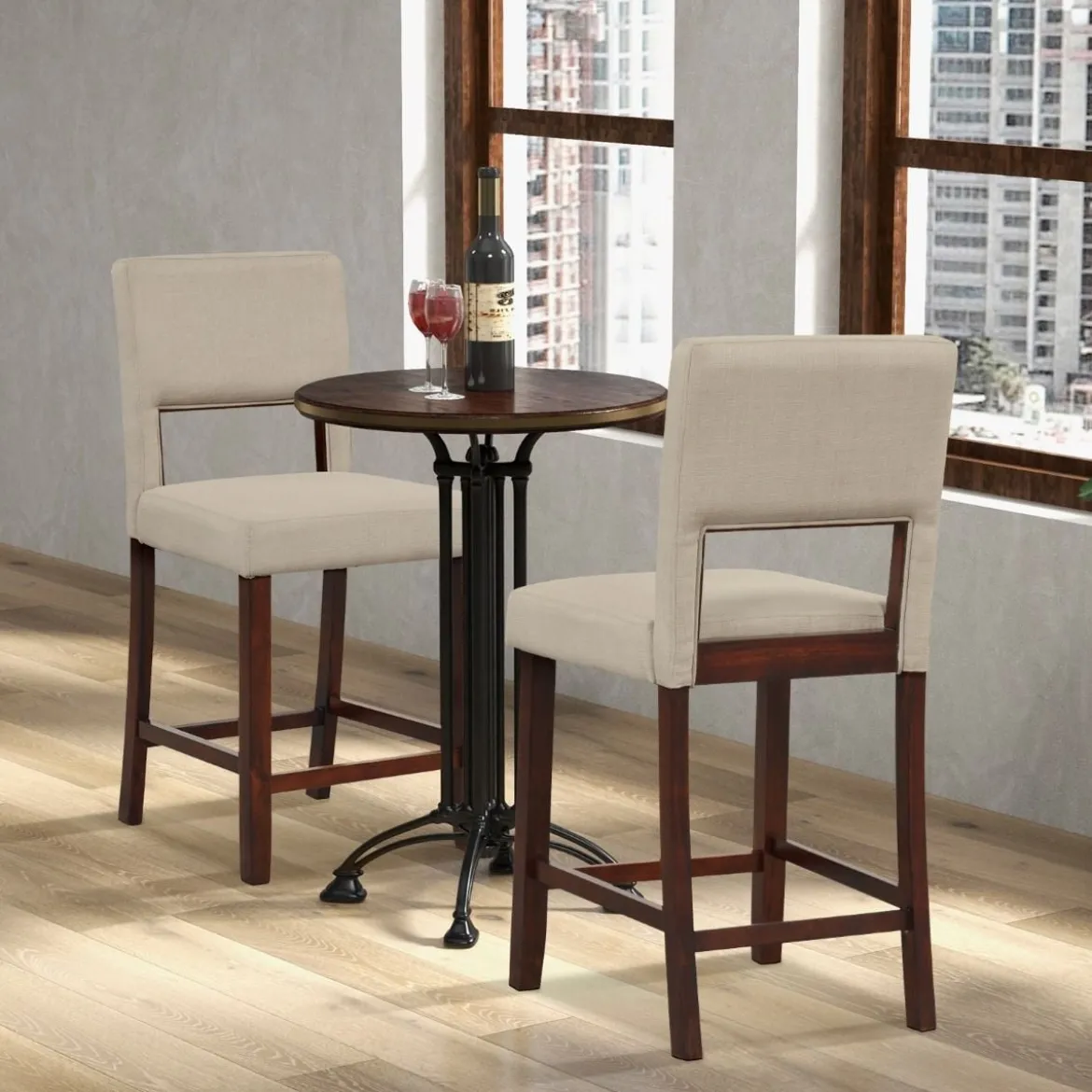 2-Teiliges Barstuhl-Set Leinen-Barhocker mit Ausgehöhlter Rückenlehne 48 x 52 x 98 cm Beige und Braun