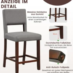 2-Teiliges Barstuhl-Set Leinen-Barhocker mit Ausgehöhlter Rückenlehne 48 x 52 x 98 cm Grau und Braun