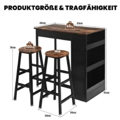 3-Teiliges Bartisch-Set Industrieller Tisch in Thekenhöhe & 2 Barhocker Vintagebraun