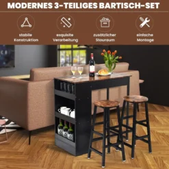 3-Teiliges Bartisch-Set Industrieller Tisch in Thekenhöhe & 2 Barhocker Vintagebraun