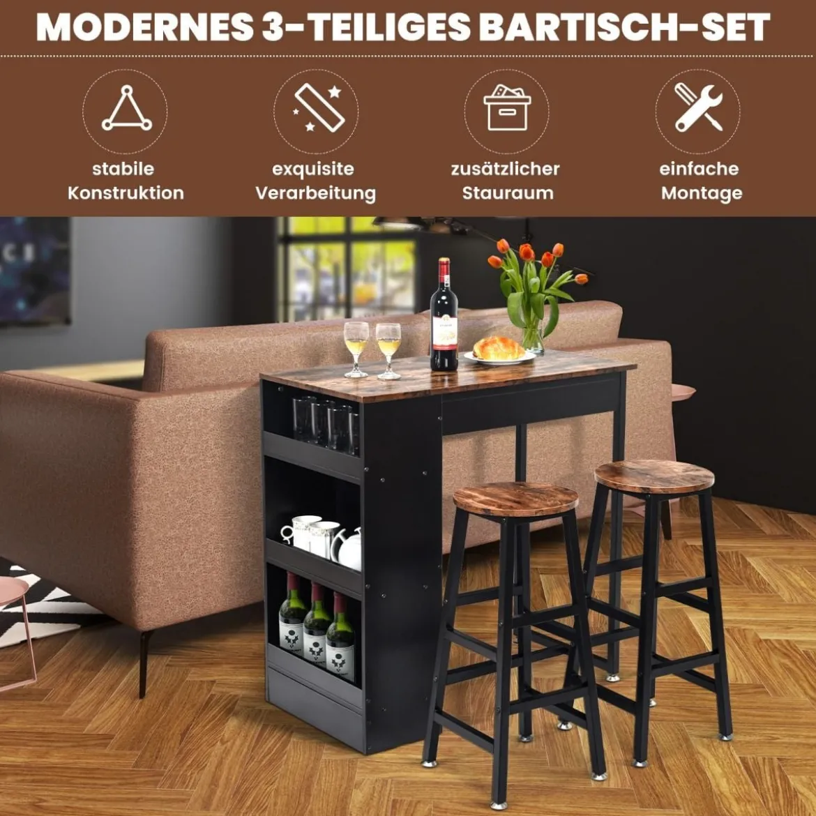 3-Teiliges Bartisch-Set Industrieller Tisch in Thekenhöhe & 2 Barhocker Vintagebraun