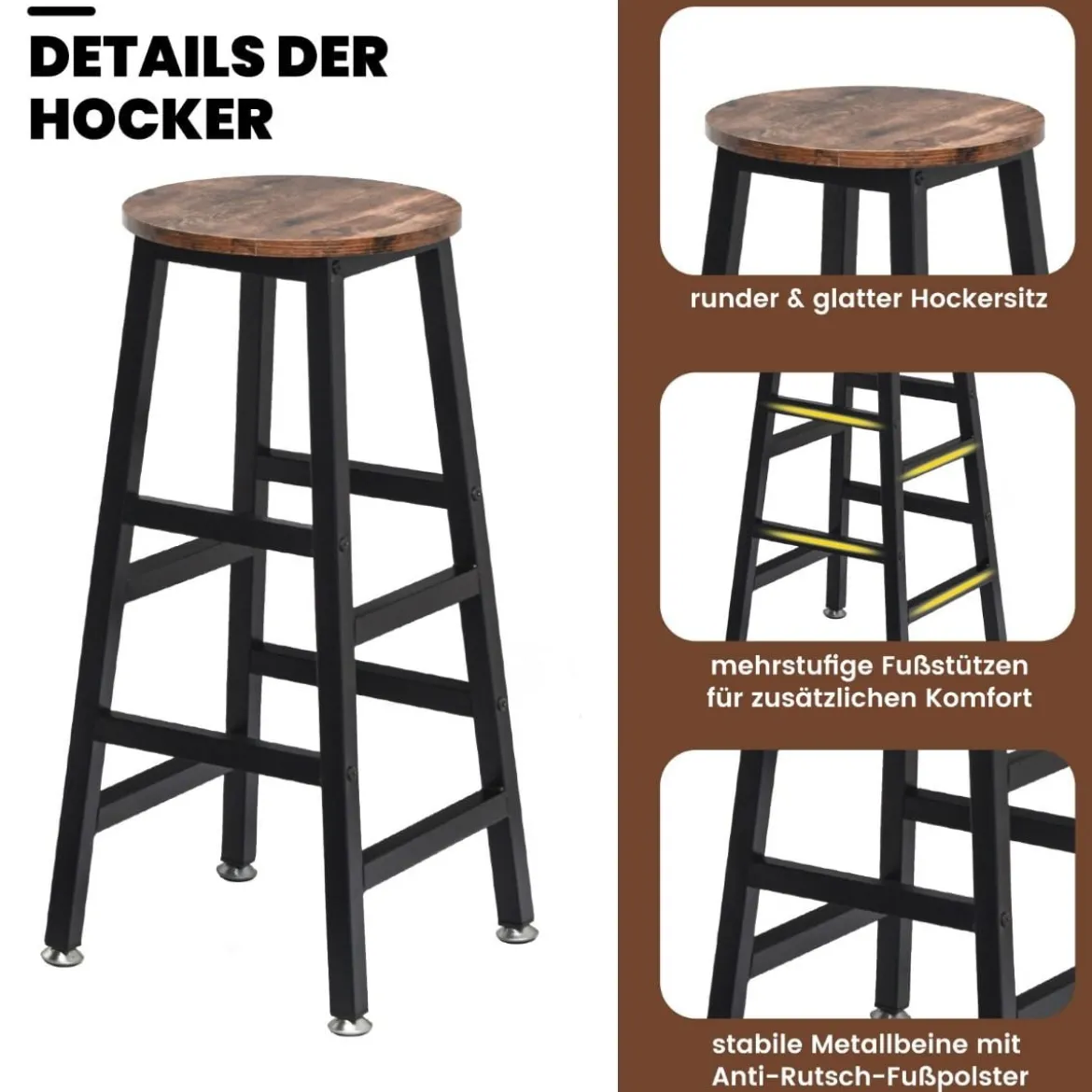 3-Teiliges Bartisch-Set Industrieller Tisch in Thekenhöhe & 2 Barhocker Vintagebraun