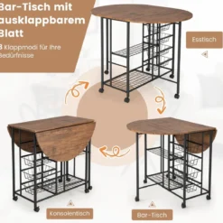 3-teiliges Bartisch Set Klappbarer Esstisch auf Rollen mit 2 Regalen & 4 Körben Braun