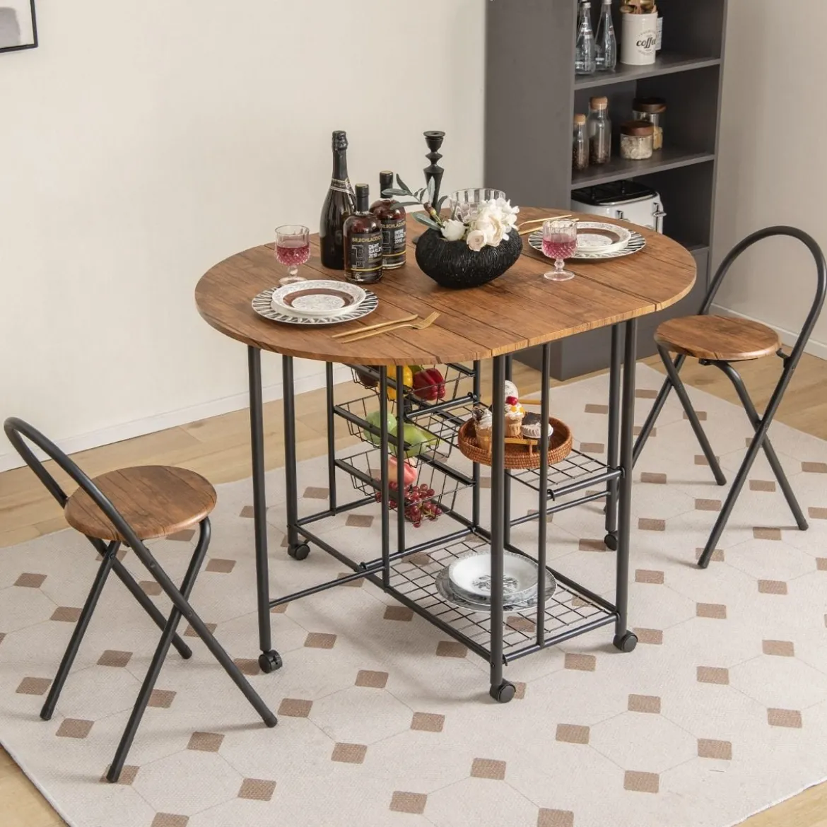 3-teiliges Bartisch Set Klappbarer Esstisch auf Rollen mit 2 Regalen & 4 Körben Braun