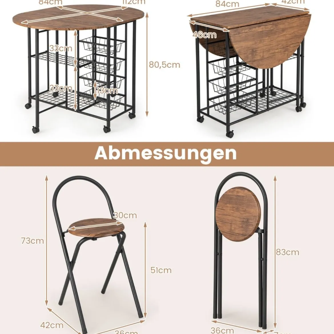 3-teiliges Bartisch Set Klappbarer Esstisch auf Rollen mit 2 Regalen & 4 Körben Braun