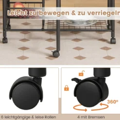 3-teiliges Bartisch Set Klappbarer Esstisch auf Rollen mit 2 Regalen & 4 Körben Braun
