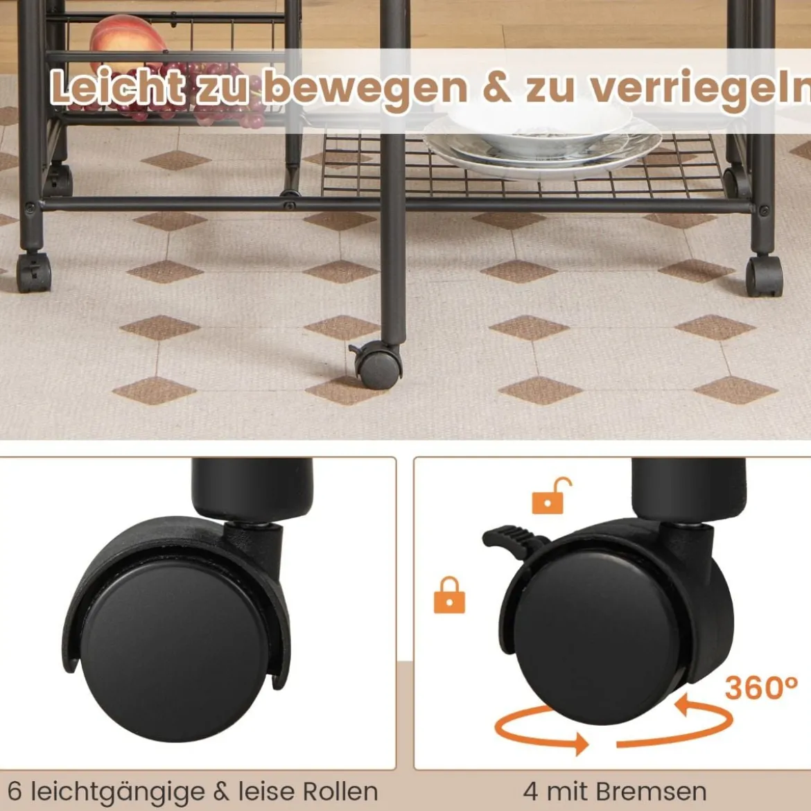 3-teiliges Bartisch Set Klappbarer Esstisch auf Rollen mit 2 Regalen & 4 Körben Braun