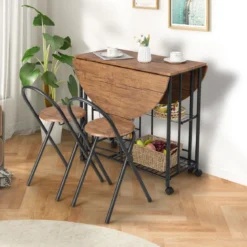 3-teiliges Bartisch Set Klappbarer Esstisch auf Rollen mit 2 Regalen & 4 Körben Braun
