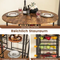 3-teiliges Bartisch Set Klappbarer Esstisch auf Rollen mit 2 Regalen & 4 Körben Vintage