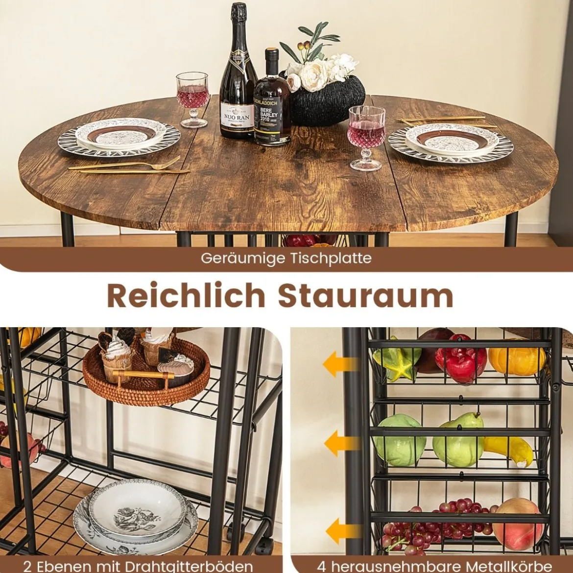 3-teiliges Bartisch Set Klappbarer Esstisch auf Rollen mit 2 Regalen & 4 Körben Vintage