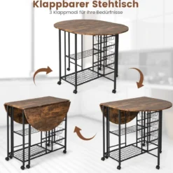 3-teiliges Bartisch Set Klappbarer Esstisch auf Rollen mit 2 Regalen & 4 Körben Vintage
