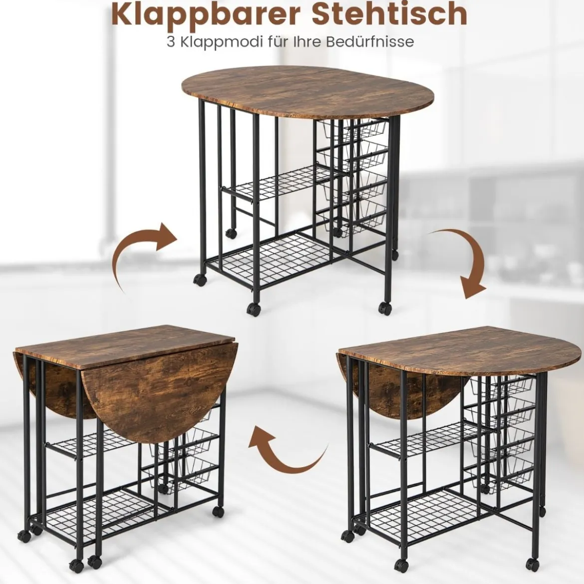 3-teiliges Bartisch Set Klappbarer Esstisch auf Rollen mit 2 Regalen & 4 Körben Vintage