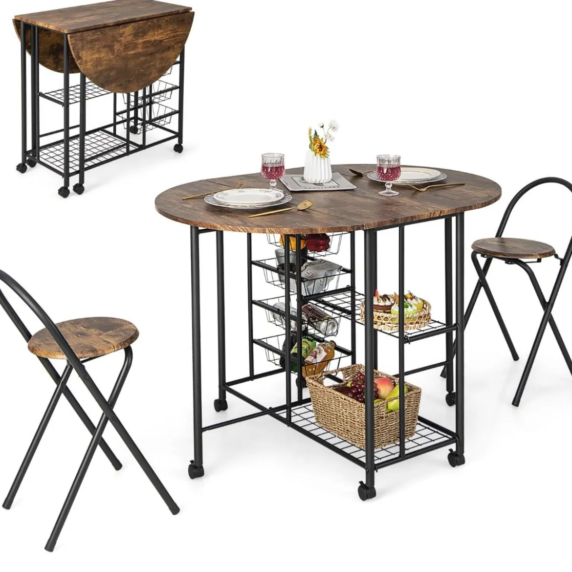 3-teiliges Bartisch Set Klappbarer Esstisch auf Rollen mit 2 Regalen & 4 Körben Vintage