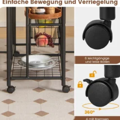 3-teiliges Bartisch Set Klappbarer Esstisch auf Rollen mit 2 Regalen & 4 Körben Vintage
