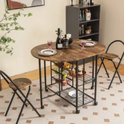 3-teiliges Bartisch Set Klappbarer Esstisch auf Rollen mit 2 Regalen & 4 Körben Vintage