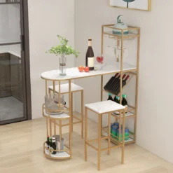 3 teiliges Bartisch Set Mamor mit Ablagefächern Glashalter & Weinregal Tresentisch mit 2 Hockern