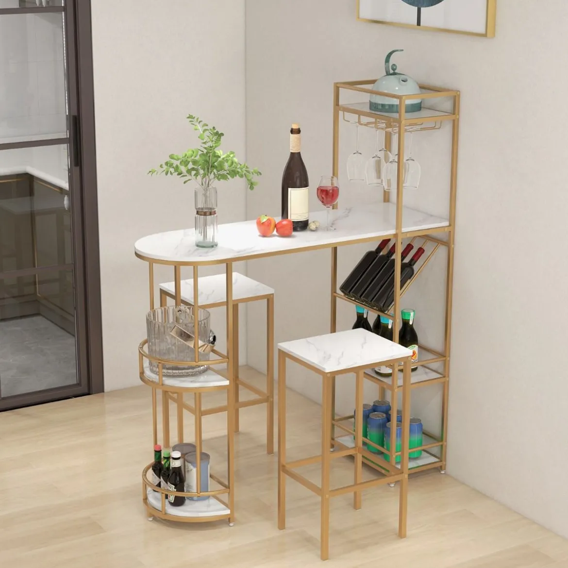 3 teiliges Bartisch Set Mamor mit Ablagefächern Glashalter & Weinregal Tresentisch mit 2 Hockern