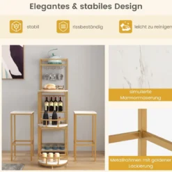3 teiliges Bartisch Set Mamor mit Ablagefächern Glashalter & Weinregal Tresentisch mit 2 Hockern
