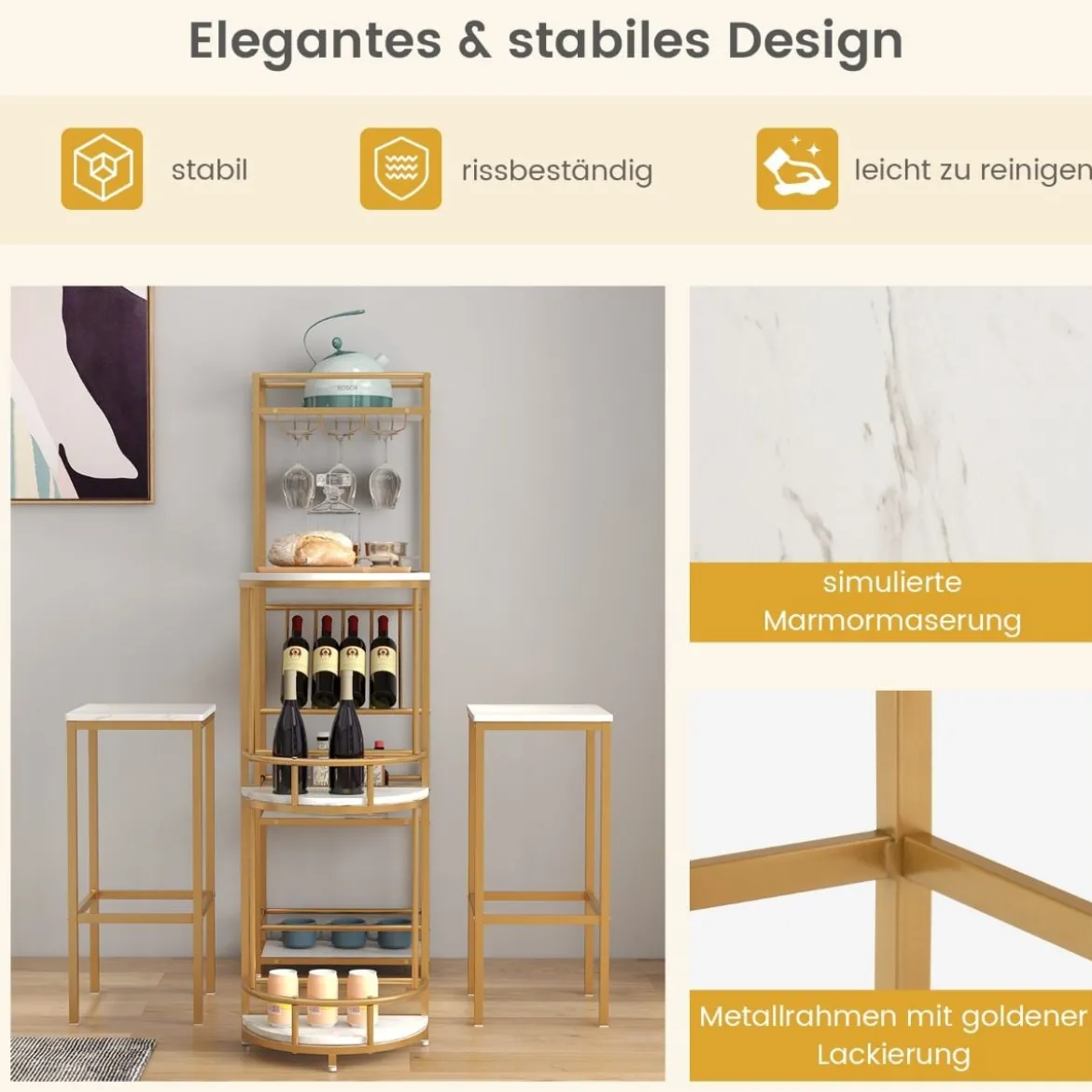 3 teiliges Bartisch Set Mamor mit Ablagefächern Glashalter & Weinregal Tresentisch mit 2 Hockern