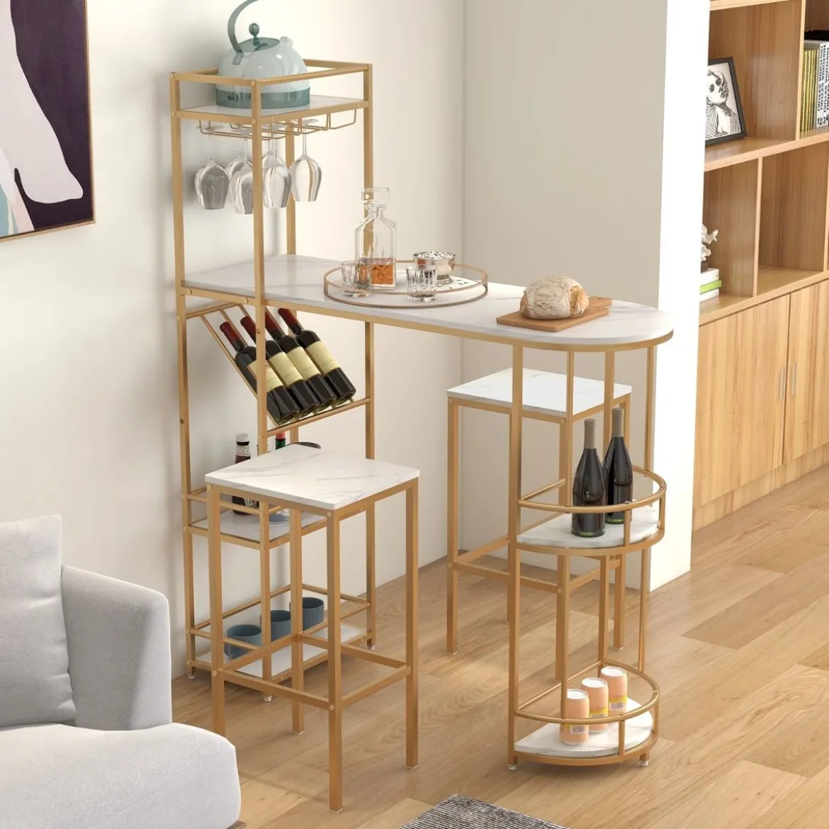 3 teiliges Bartisch Set Mamor mit Ablagefächern Glashalter & Weinregal Tresentisch mit 2 Hockern