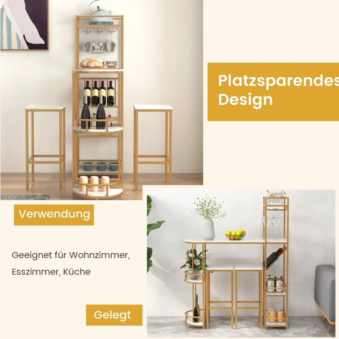 3 teiliges Bartisch Set Mamor mit Ablagefächern Glashalter & Weinregal Tresentisch mit 2 Hockern