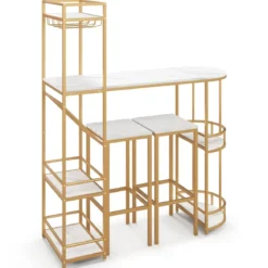 3 teiliges Bartisch Set Mamor mit Ablagefächern Glashalter & Weinregal Tresentisch mit 2 Hockern