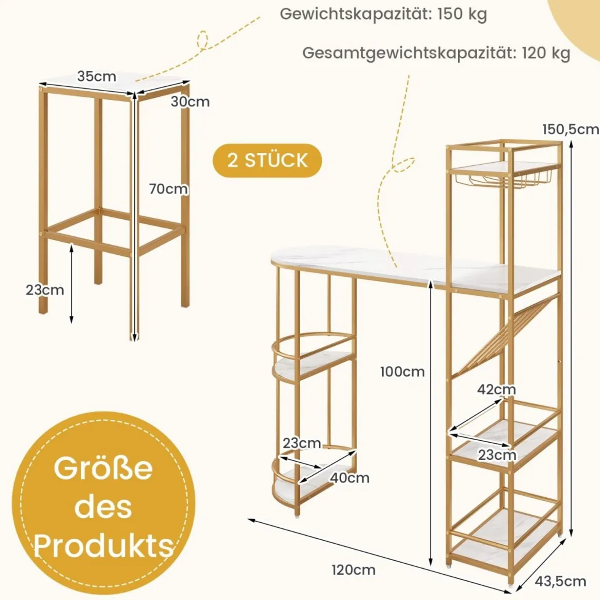 3 teiliges Bartisch Set Mamor mit Ablagefächern Glashalter & Weinregal Tresentisch mit 2 Hockern