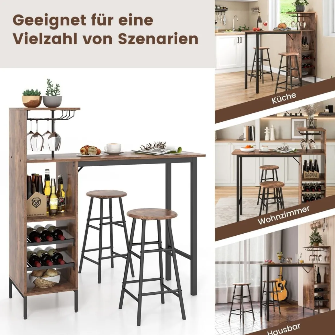 3-teiliges Bartisch- & Stuhl-Set Industrieller Pub-Tisch & Hocker Kaffee
