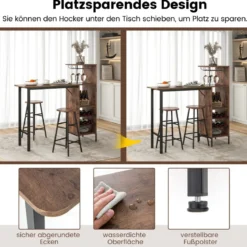 3-teiliges Bartisch- & Stuhl-Set Industrieller Pub-Tisch & Hocker Kaffee