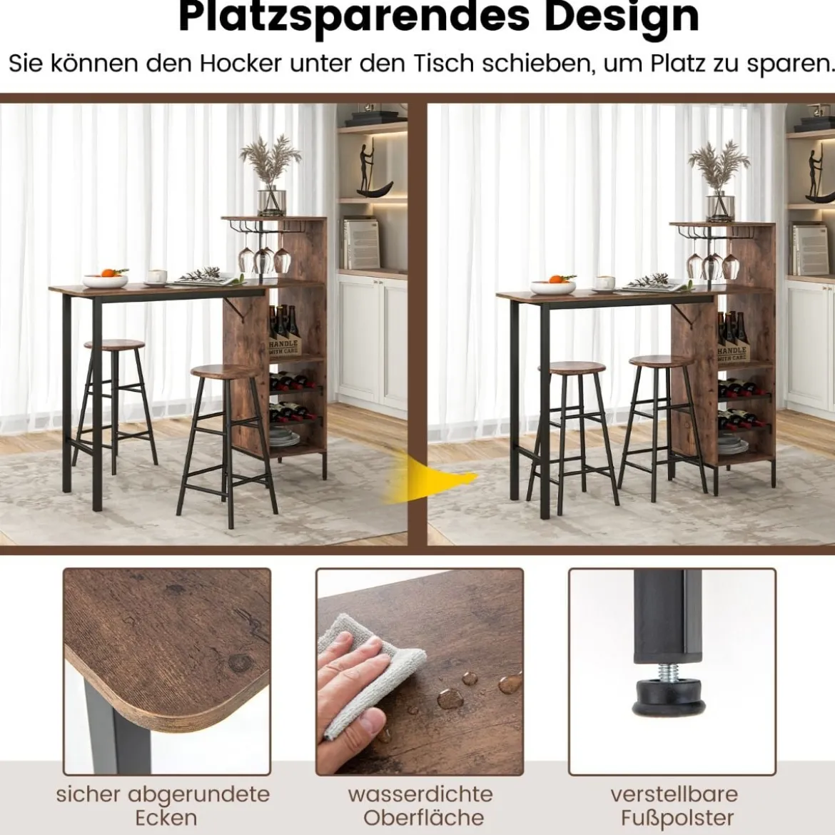 3-teiliges Bartisch- & Stuhl-Set Industrieller Pub-Tisch & Hocker Kaffee