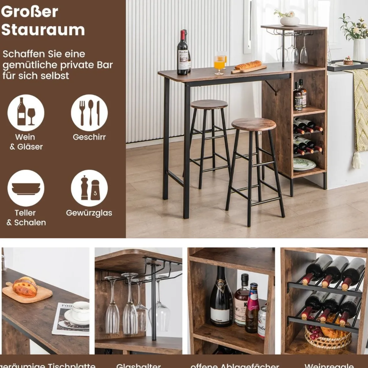 3-teiliges Bartisch- & Stuhl-Set Industrieller Pub-Tisch & Hocker Kaffee
