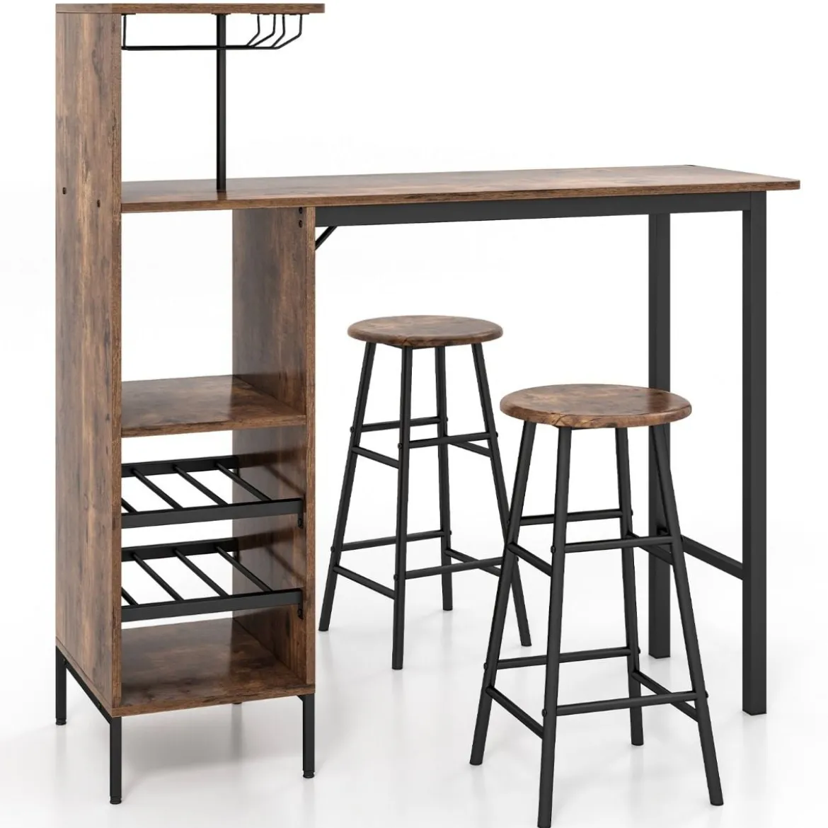 3-teiliges Bartisch- & Stuhl-Set Industrieller Pub-Tisch & Hocker Kaffee