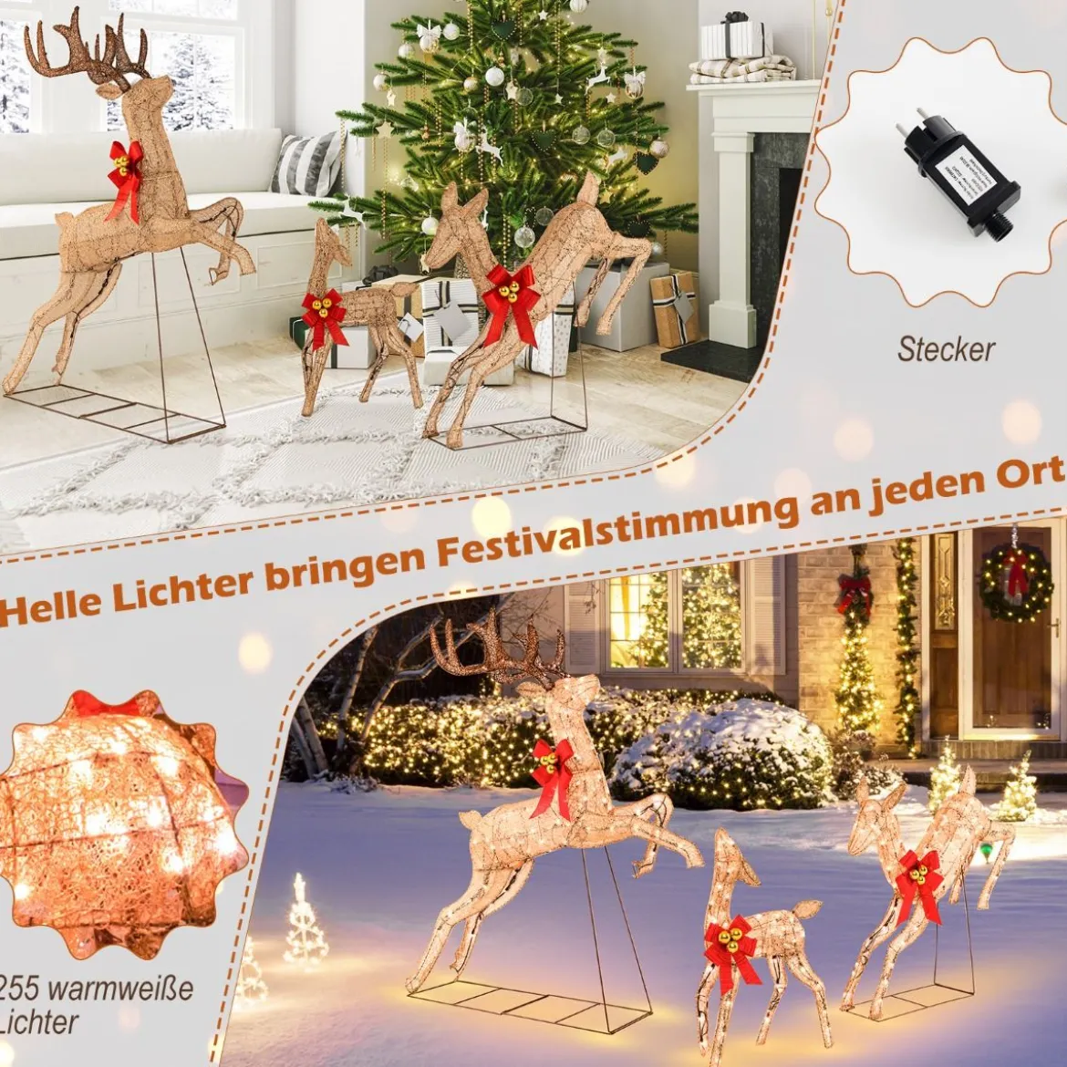 3-Teiliges Beleuchtetes Weihnachtsrentier Weihnachtsrentier-Familienset