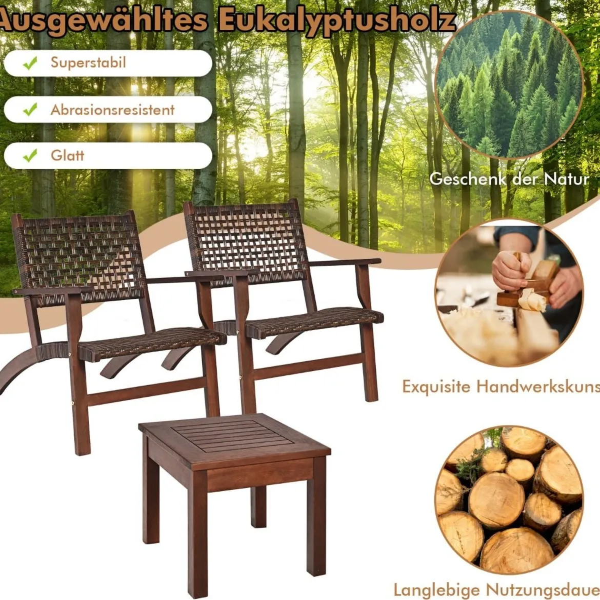 3-Teiliges Bistro-Set aus Eukalyptusholz für den Außenbereich Braun