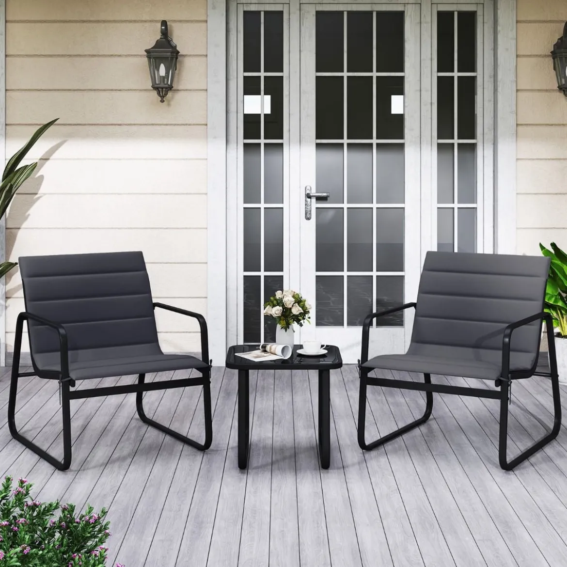 3-teiliges Bistro-Set für die Terrasse Outdoor-Stühle & Beistelltisch mit abnehmbaren Kissen Grau
