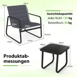 3-teiliges Bistro-Set für die Terrasse Outdoor-Stühle & Beistelltisch mit abnehmbaren Kissen Grau