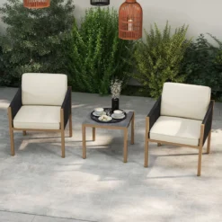 3 Teiliges Bistro Set Geflochtenes Seil mit Kissen für Balkon Terrasse Garten Beige