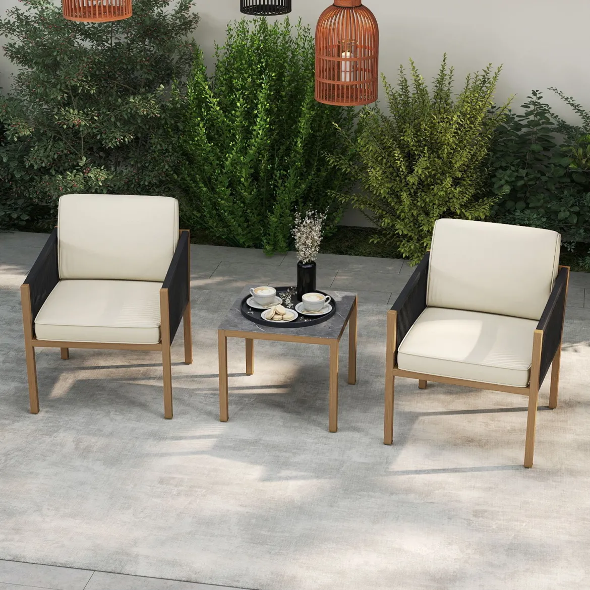 3 Teiliges Bistro Set Geflochtenes Seil mit Kissen für Balkon Terrasse Garten Beige