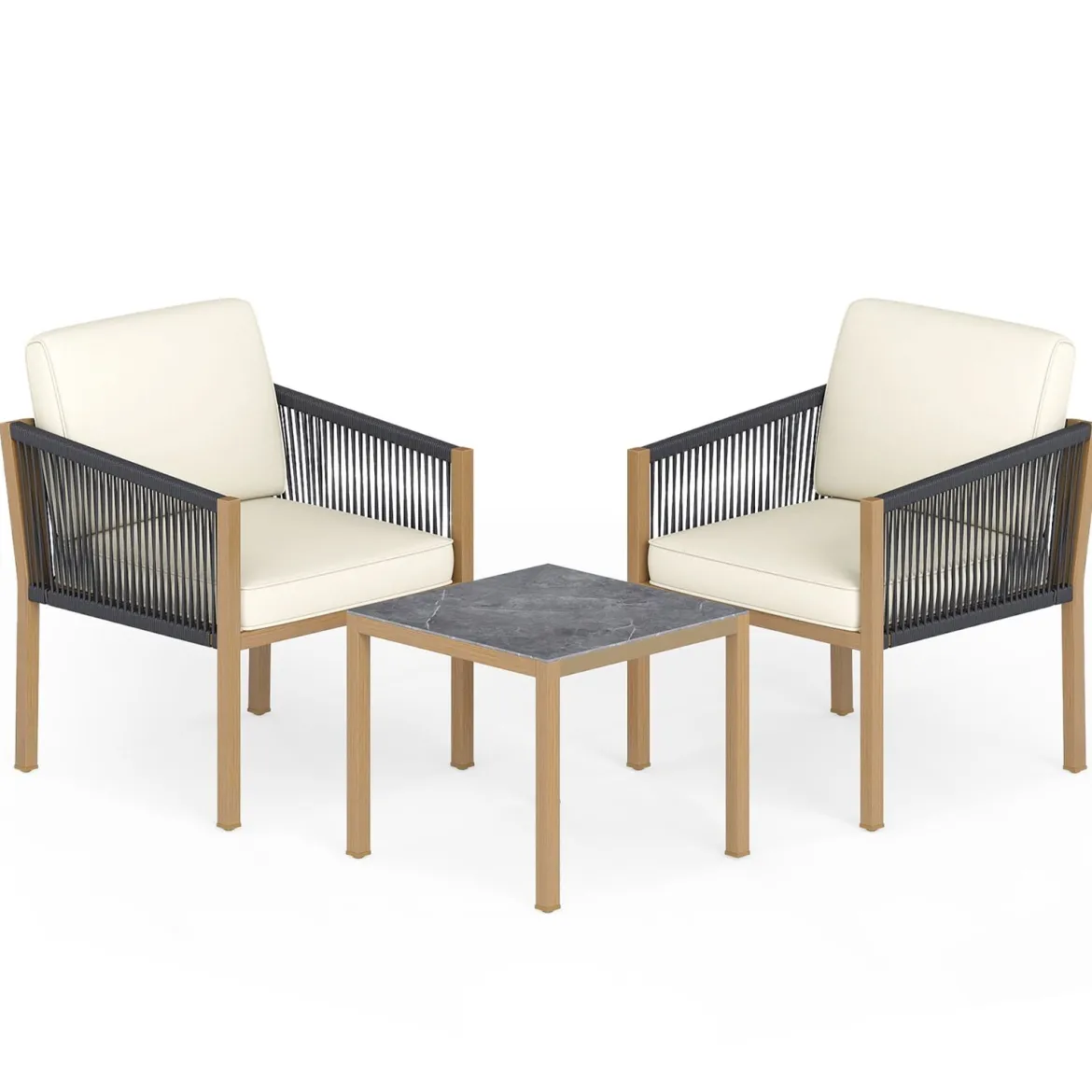 3 Teiliges Bistro Set Geflochtenes Seil mit Kissen für Balkon Terrasse Garten Beige