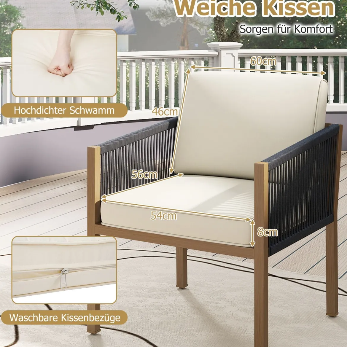 3 Teiliges Bistro Set Geflochtenes Seil mit Kissen für Balkon Terrasse Garten Beige