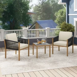 3 Teiliges Bistro Set Geflochtenes Seil mit Kissen für Balkon Terrasse Garten Beige