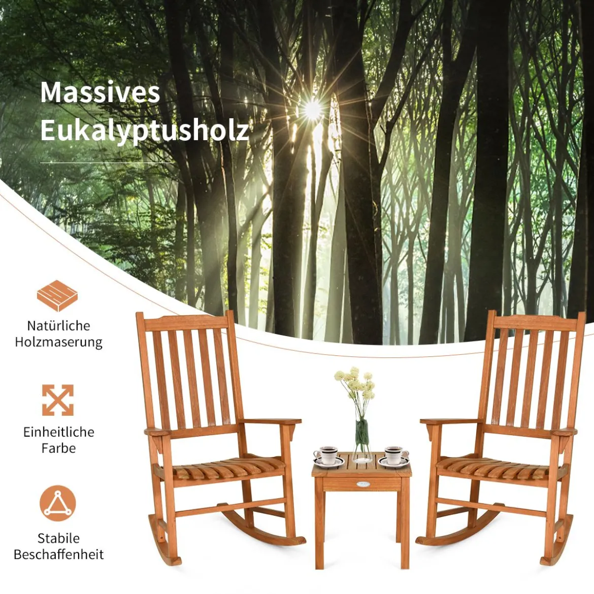 3-Teiliges Bistro-Set mit Schaukelstühlen aus Eukalyptusholz Natur