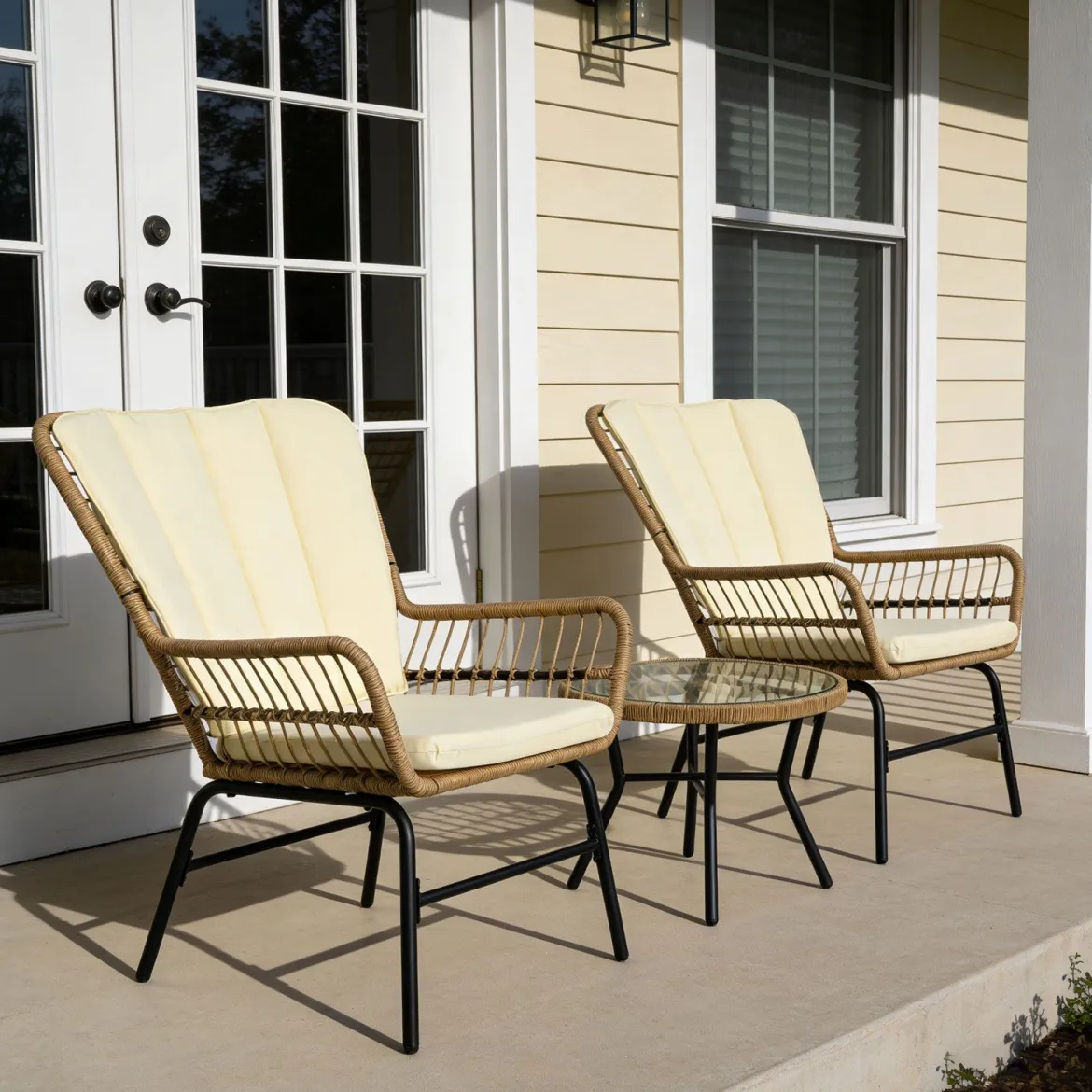 3-teiliges Bistro-Set PE-Rattan Gartenmöbel Set mit Polstern Sitzgruppe mit 2 Stühle & temperiertem Glastisch Beige