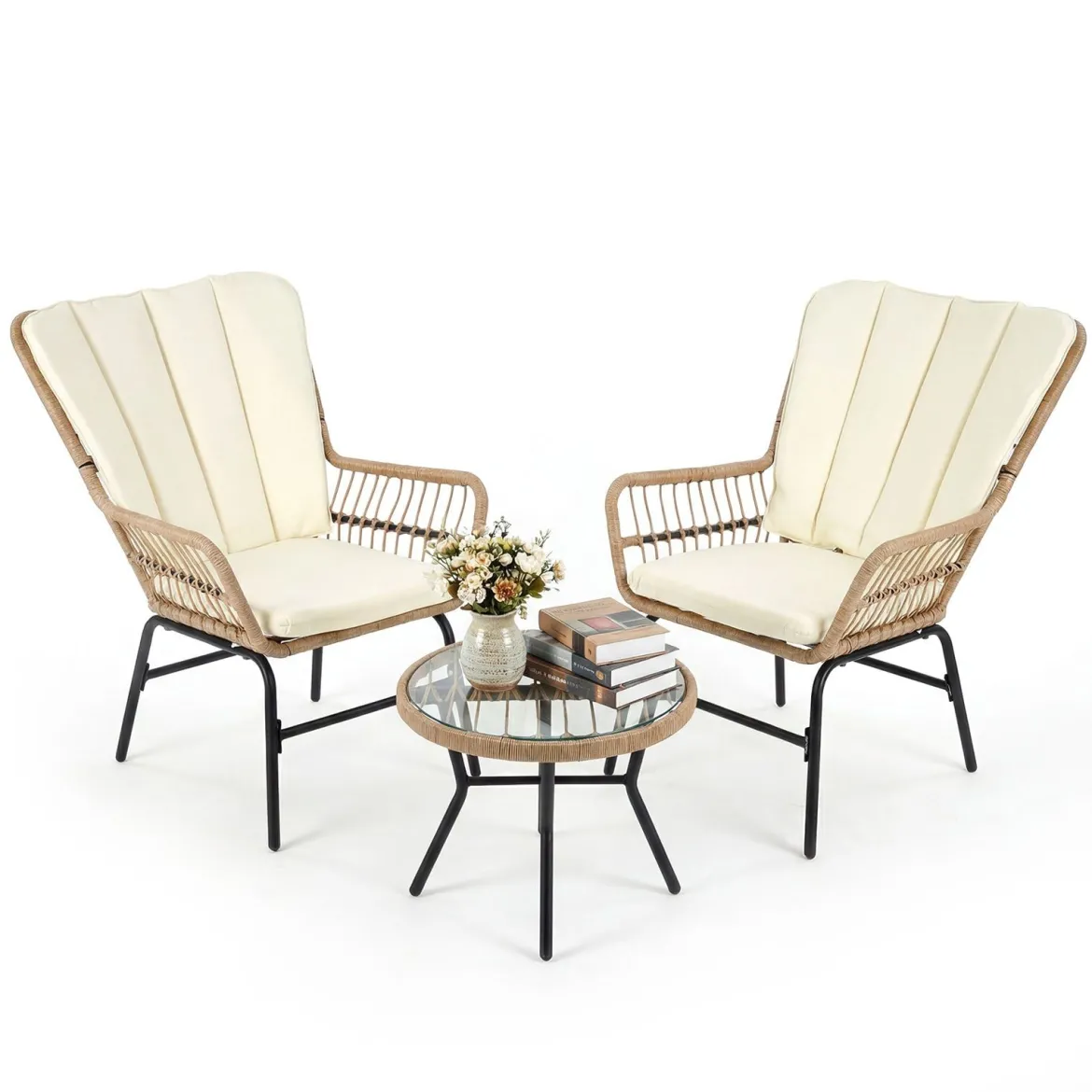 3-teiliges Bistro-Set PE-Rattan Gartenmöbel Set mit Polstern Sitzgruppe mit 2 Stühle & temperiertem Glastisch Beige