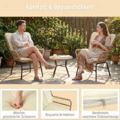 3-teiliges Bistro-Set PE-Rattan Gartenmöbel Set mit Polstern Sitzgruppe mit 2 Stühle & temperiertem Glastisch Beige